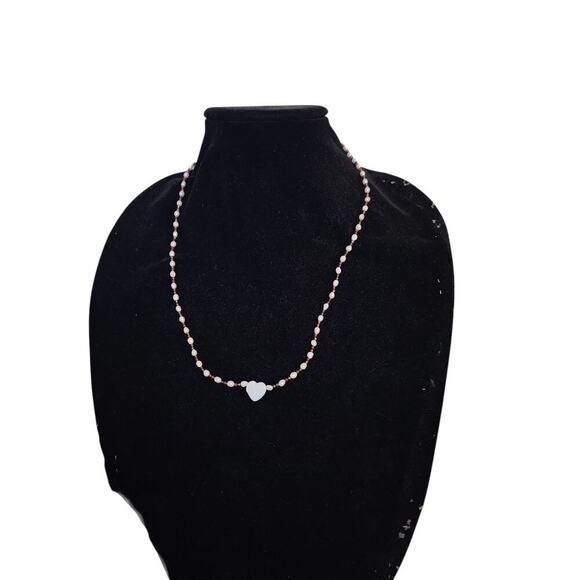 14K Gold Freshwater Pearl Mother Of Pearl Heart Wire Garnet Necklace 10.2" - Picture 8 of 8